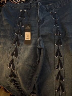 Fashion Nova Dark Blue front Lace-Up Skinny Jeans